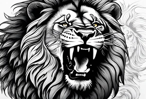 A roaring lion’s face with a flowing mane, emphasizing strength and courage, detailed fur textures tattoo idea