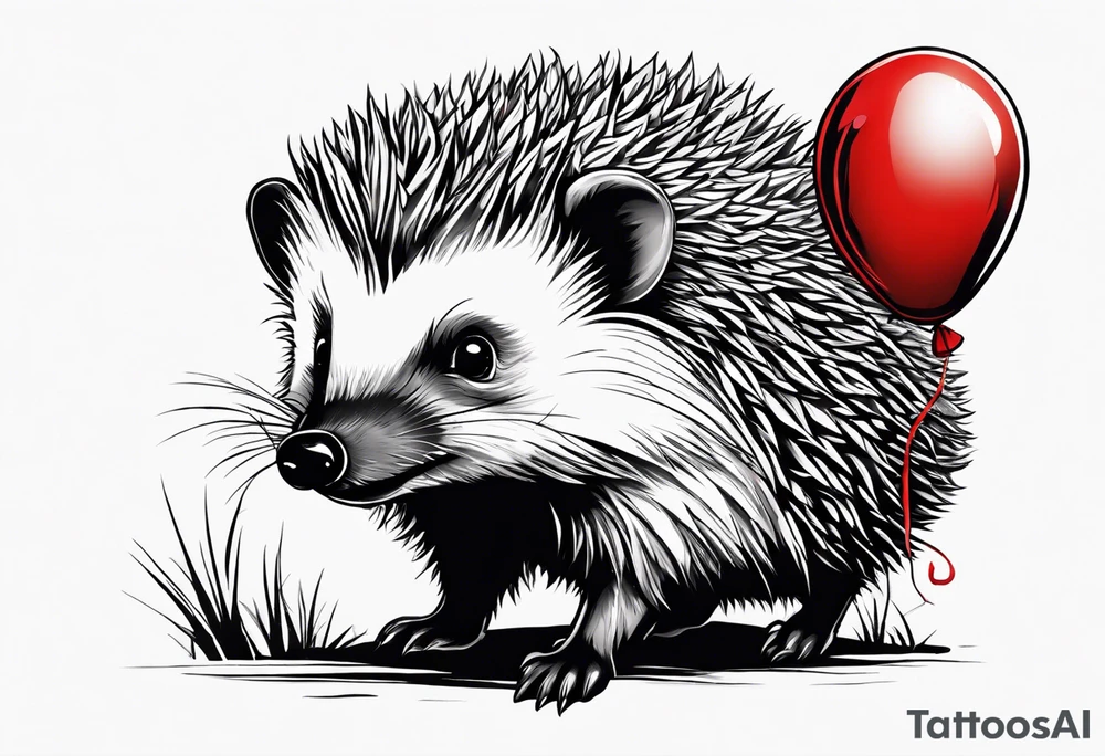 A hedgehog with a red balloon in his hands. He is happy. Behind him is a bear and growls tattoo idea