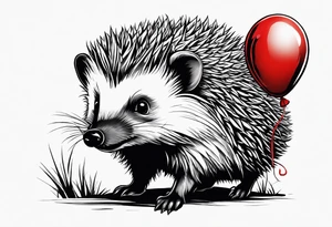 A hedgehog with a red balloon in his hands. He is happy. Behind him is a bear and growls tattoo idea