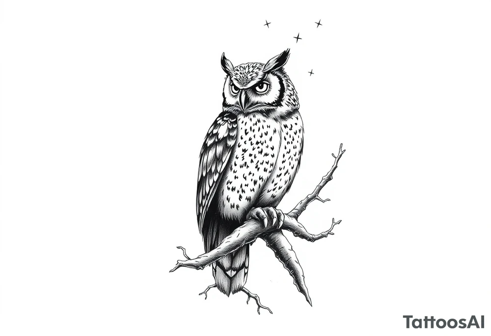 wise owl perched on ancient oak branch under starlit sky tattoo idea