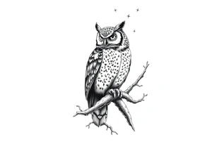 wise owl perched on ancient oak branch under starlit sky tattoo idea