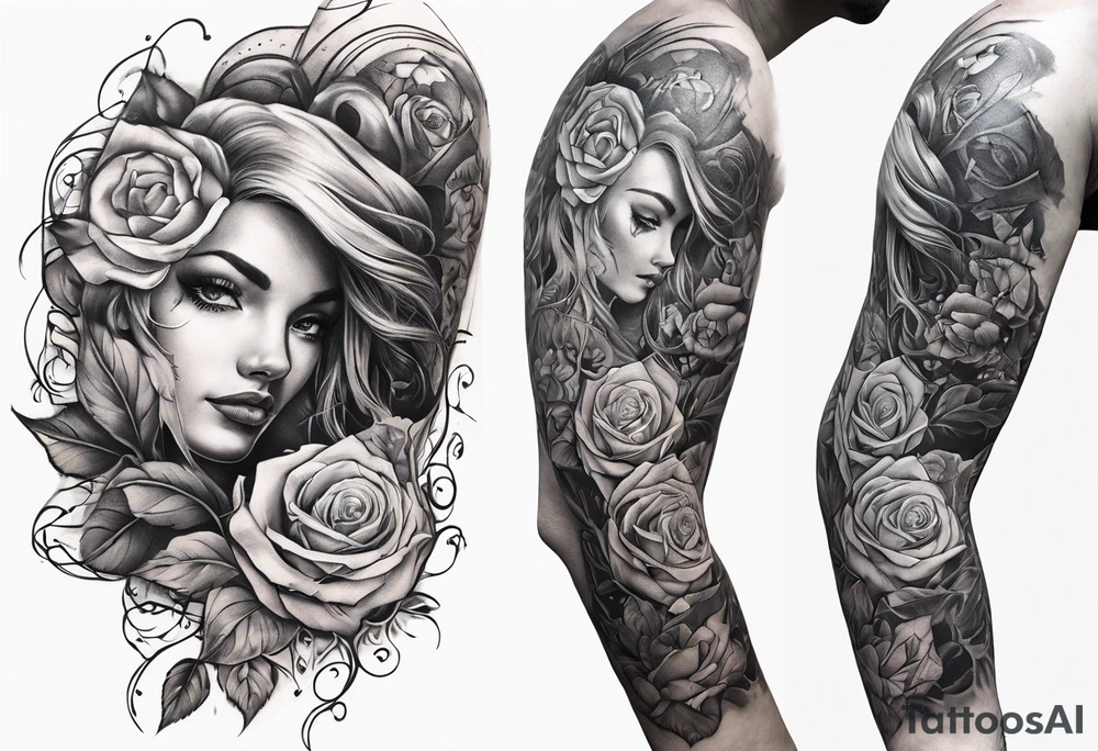 fool sleeve,, abandoned old gotic house, broken sword, roses, tattoo idea