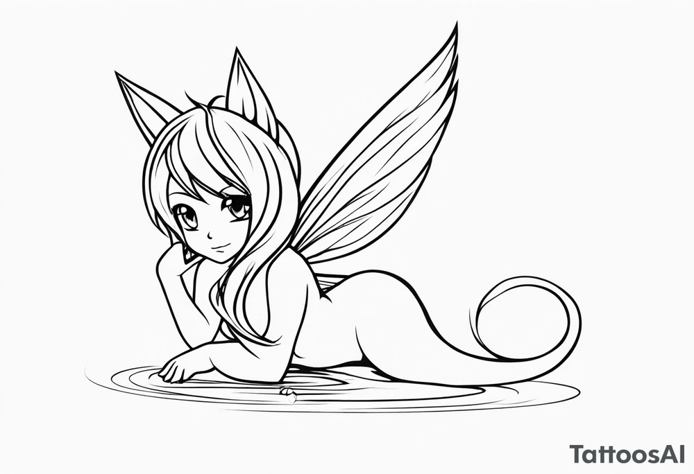 A fairy with a tail inspired by the logo of the show called Fairy Tail in a fetal position leaning in tattoo idea