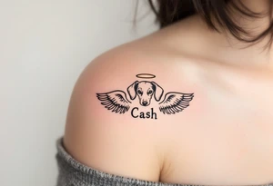 Dachshund ears between wings with a halo above and the name Cash tattoo idea