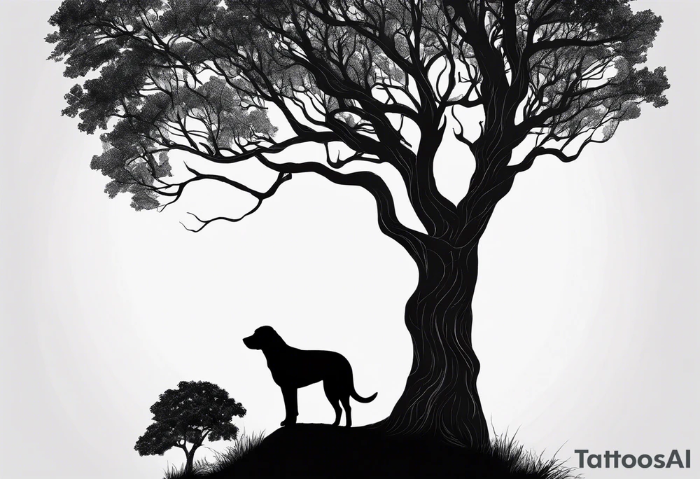 Silouette of a black lab sunder a tree. No detail on lab tattoo idea