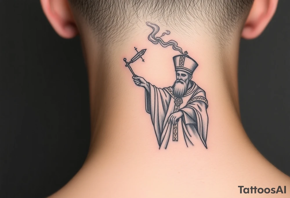 Russian Orthodox Priest in a fully detailed gold vestment swinging a censer with smoke curling upward tattoo idea