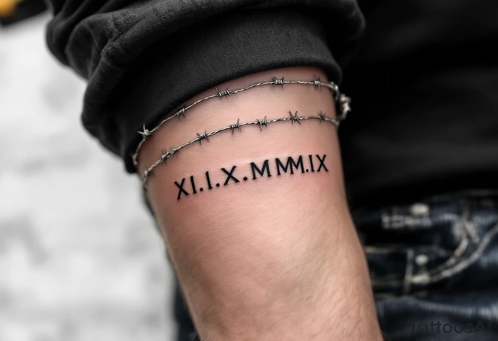 XI.XI.MMIX inked in matte black on the hand’s edge, accompanied by silver barbed wire surrounding it. tattoo idea