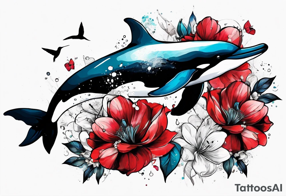 flowers, collage, whale and hummingbird trash polka tattoo idea