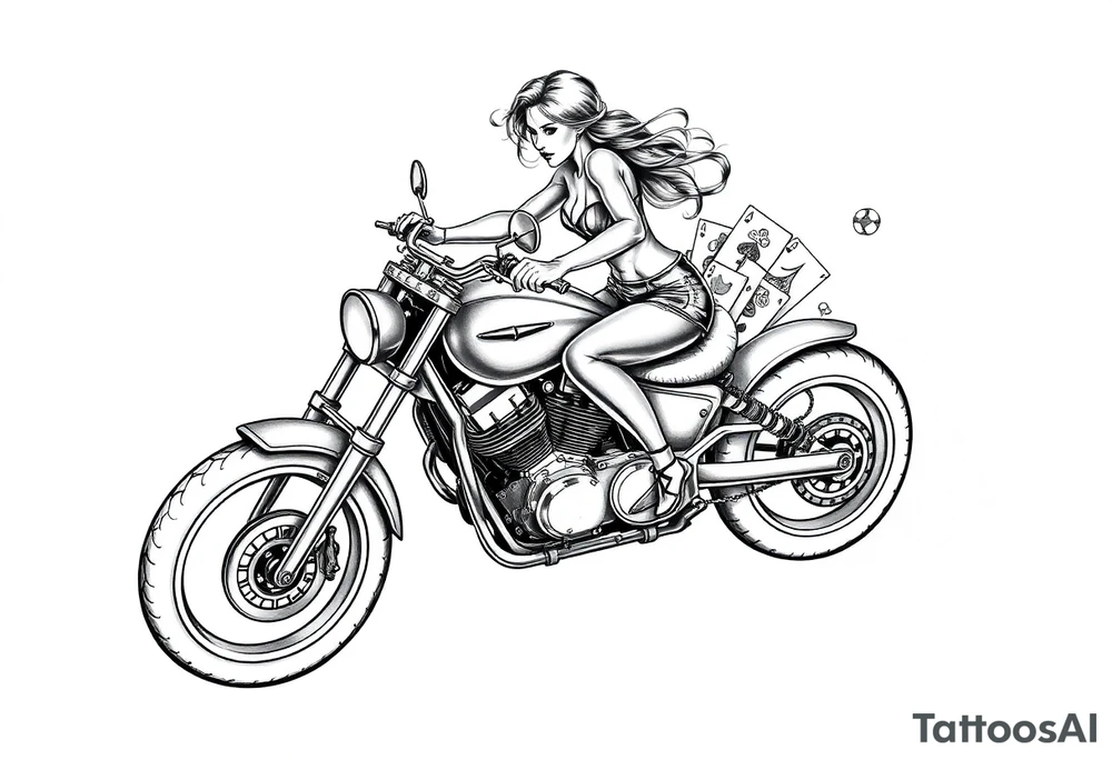 woman on a motorcycle with gambling inserts tattoo idea