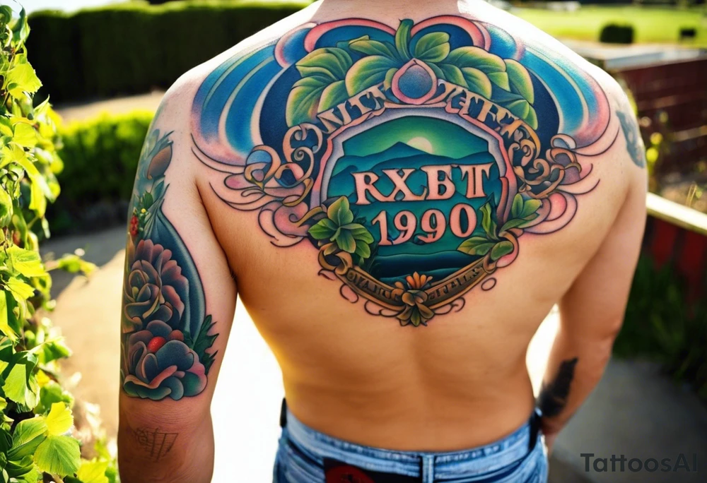 Tattoo of my hometown of Oxnard, CA
Tattoo must have strawberry fields meeting with ocean
Tattoo must have Oxnard coordinates
34.2236192,-119.1310264
Add in the sun on top of the fields/ocean
No barn house, add a Gondola style plaza 
Only in black and white tattoo idea
