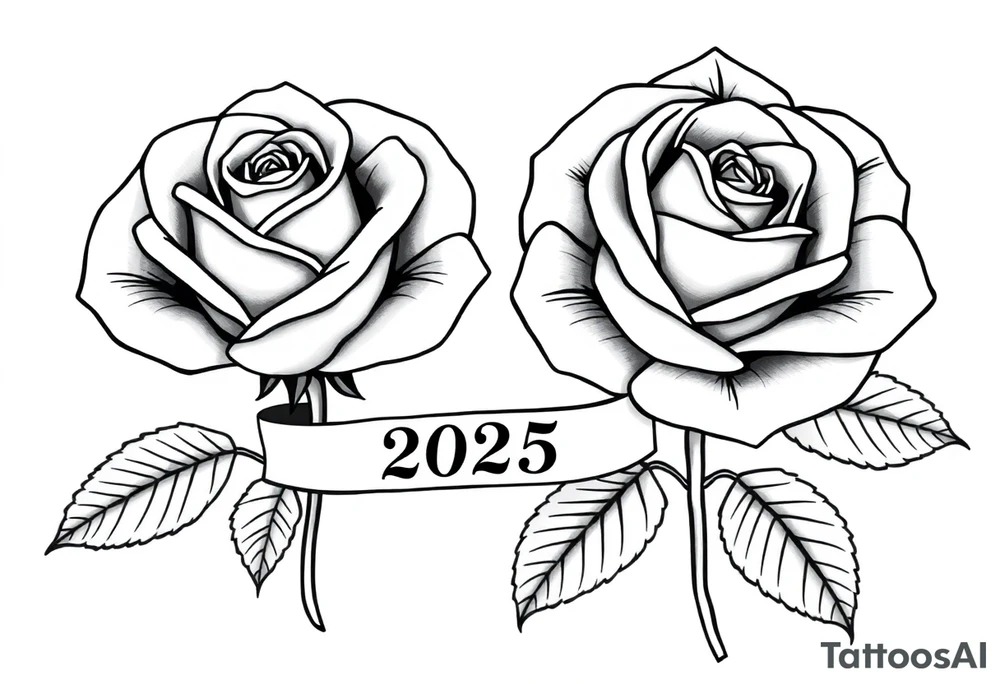 two beautiful large rose buds, one larger than the other, with lots and lots of leaves next to the rose buds, with one sitting slightly higher than the other, side-by-side.  Include a banner connecting the two roses with the year 2025 on it.   Use dark outlines with little shading. No stems tattoo idea