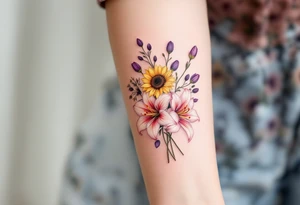 Dainty stargazer lillies in light pink with no outline with small yellow sunflowers and purple tulip buds in a dainty wildflower bouquet with stems tattoo idea