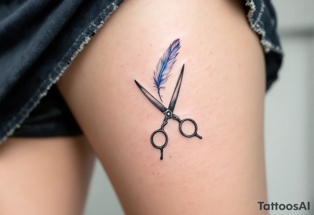 Scissors and Feather Tattoo – A set of lightly shaded silver scissors with a feather delicately hanging from the handle, with subtle blue and gray shading, giving the design a whimsical, airy feel that symbolizes freedom and creativity. tattoo idea
