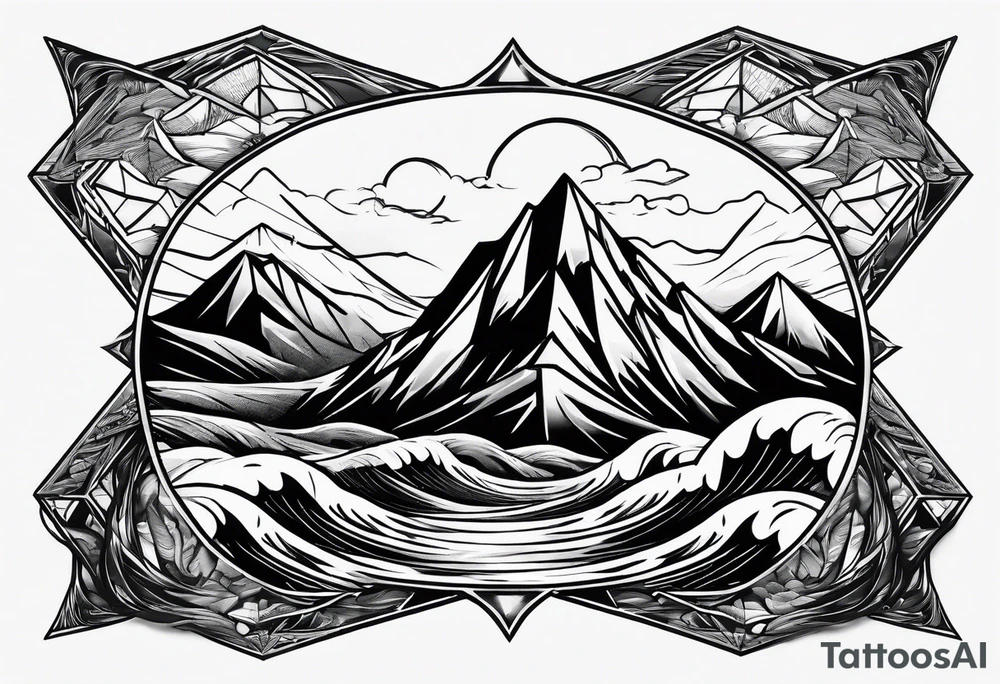 Mountains and ocean waves crashing diamond shape tattoo idea