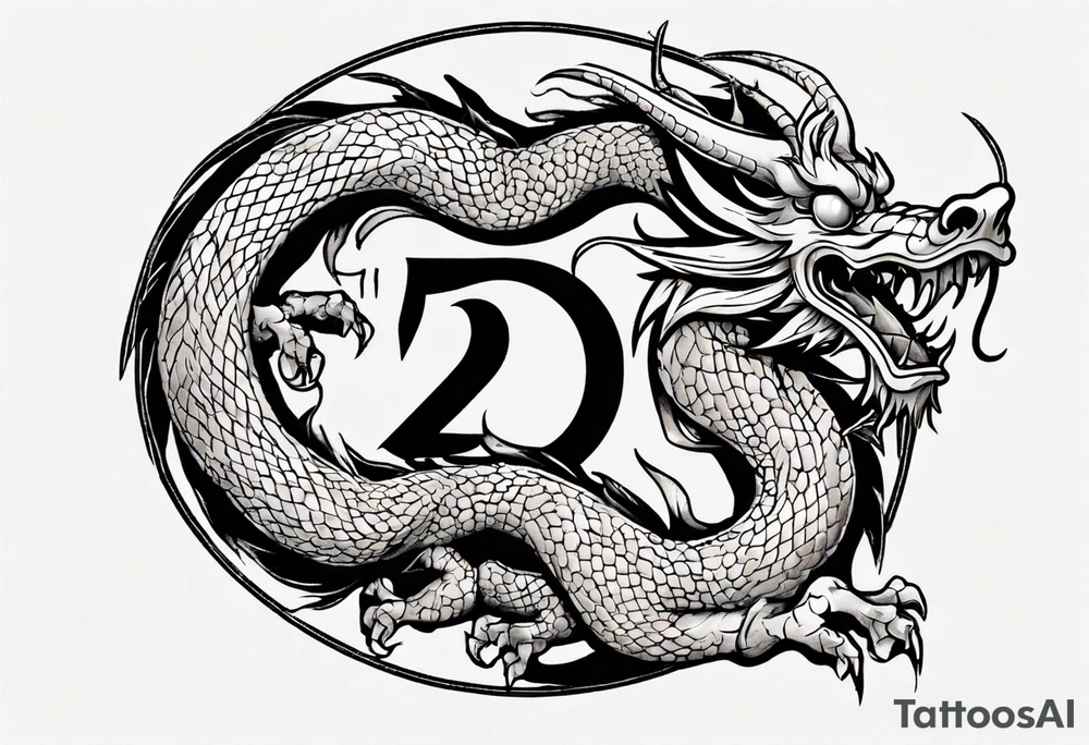 Chinese dragon in a circular shape with "02.03" written on its skin tattoo idea