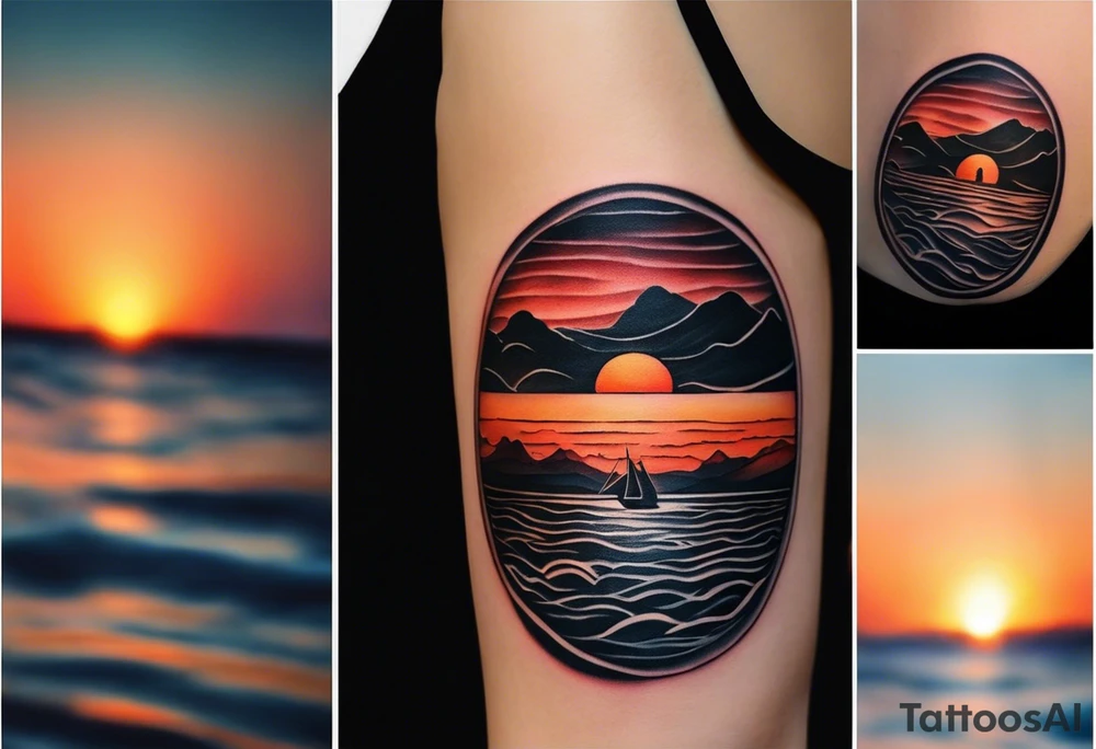 This tattoo needs to be incredibly simple and minimal. It's a sunset from the perspective of being on a boat on the ocean. The waves are very calm and there is no land in site. There are slight reflections of the sun on the water. The tattoo will be in landscape orientation. Mostly black with small splashes of color from the sun. There should be no objects in the tattoo besides the sun, water, and maybe some clouds and a bird or two. No land or boats. tattoo idea