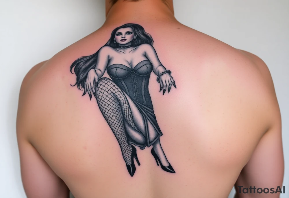 Goth woman with fishnet tights, corset, long nails and stiletto shoes tattoo idea