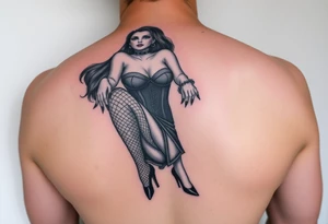 Goth woman with fishnet tights, corset, long nails and stiletto shoes tattoo idea