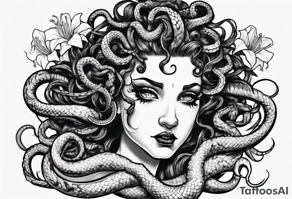 Dark/goth Medusa with white pupils and curly snake hair. Lilies tattoo idea