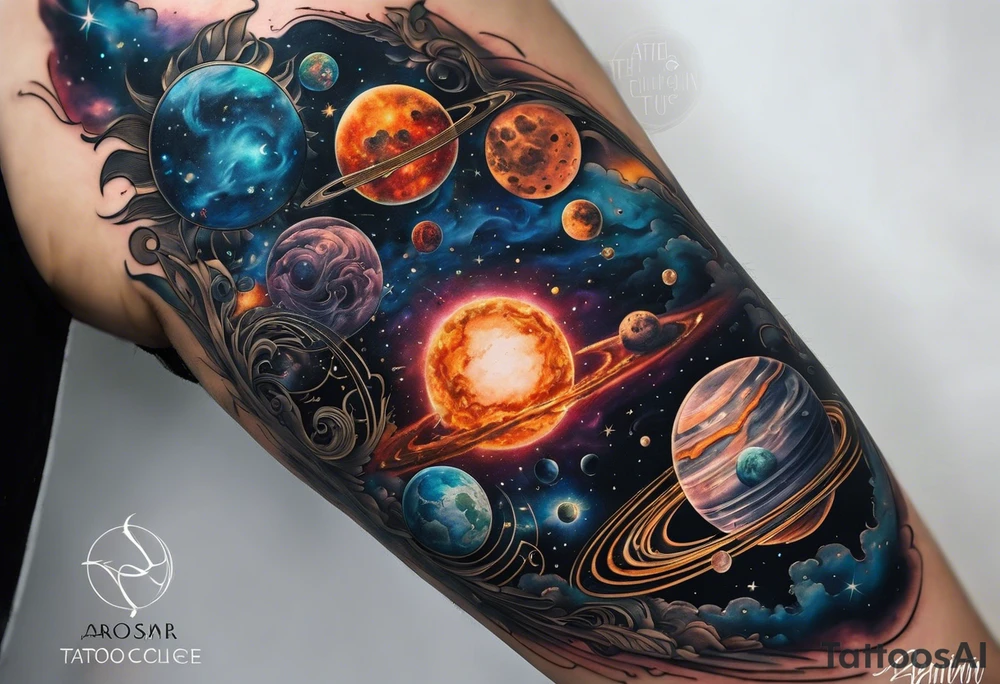 A tattoo featuring a cosmic scene with planets, black holes, and supernovae intertwined with intricate linguistic symbols, reflecting the client's interests in cosmology and linguistics. tattoo idea