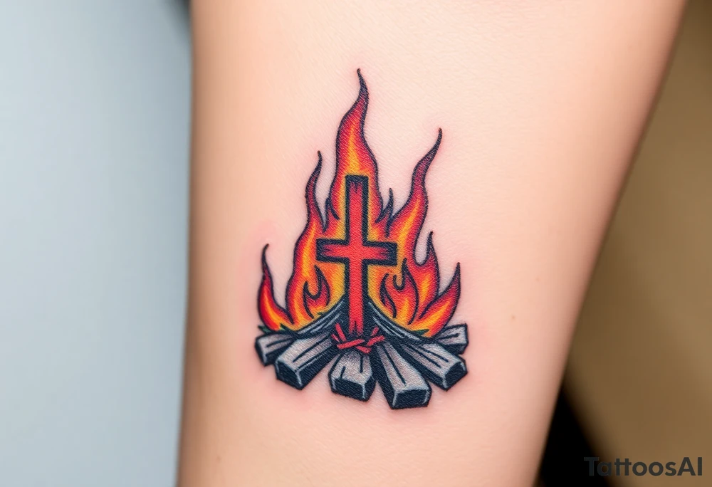 Campfire with cross hidden in the flames tattoo idea