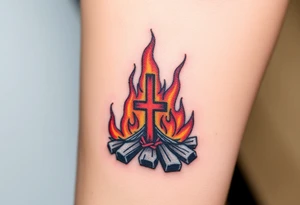 Campfire with cross hidden in the flames tattoo idea