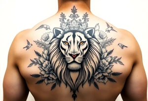 powerful majestic lion with a crown, surrounded by floral ornaments and birds tattoo idea