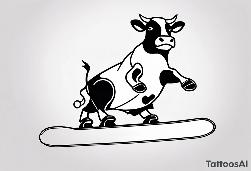 Generate a minimalist and simple black and white tattoo design featuring a joyful cow snowboarding, wearing goggles. Focus on essential lines and details to convey the playful spirit of the scene. The cow should exude confidence while effortlessly snowboarding down a snowy slope. Keep the design clean and uncluttered, suitable for a small to medium-sized tattoo space. Emphasize the charm and whimsy with the addition of goggles, ensuring the overall aesthetic remains simple and minimalistic. The goal is to create a visually appealing and easily recognizable tattoo that captures the essence of a cow enjoying a snowboarding adventure tattoo idea