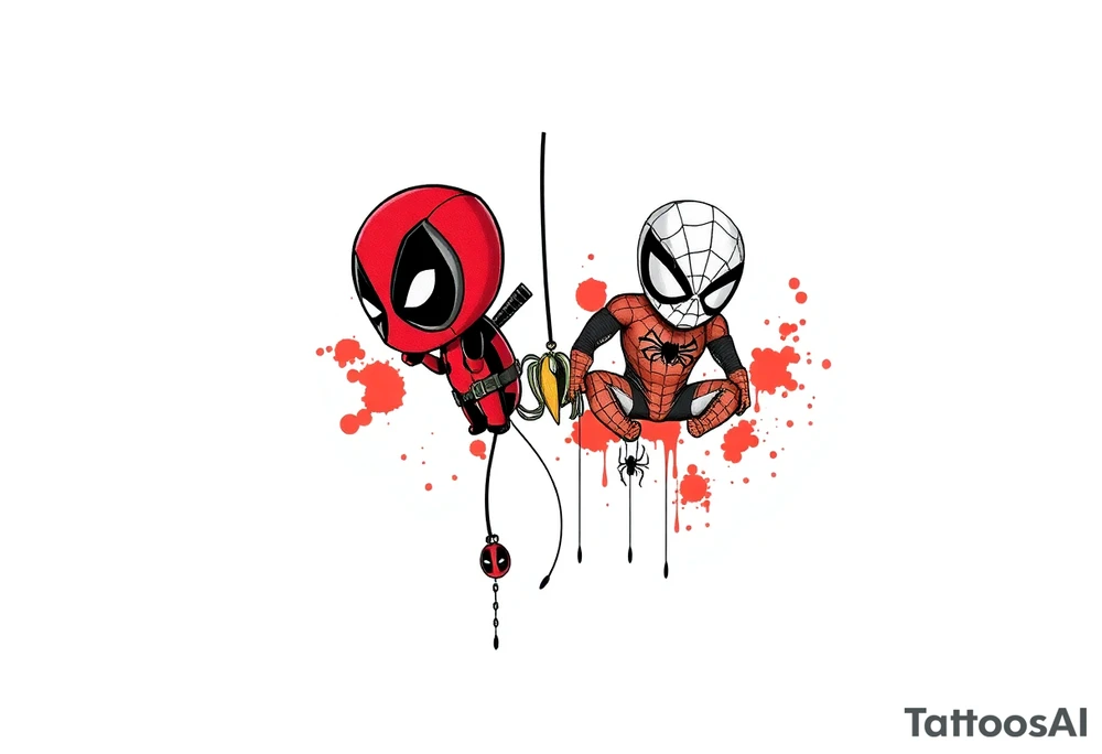 Project: Upper Arm Half-Sleeve Tattoo (Chibi Marvel Duo)
Placement: Upper Arm (Shoulder cap down to just above the elbow)
Reference Images: Chibi Deadpool (Image 1) and Chibi Spider-Man (Image 2)
Design Request & Layout:
* Please stack the characters dynamically to fit my upper arm. I'd like Deadpool positioned near the top/shoulder cap, and Spider-Man sitting near the bottom/above the elbow.
* Use the dangling spider and its web thread, along with loose, energetic construction lines, to transition between the two characters and wrap the design around the arm.
Art & Color Style:
* Linework: Please harmonize both characters into a singular, unified style—blending Deadpool's clean comic ink lines with Spider-Man's raw, cross-hatched sketchbook aesthetic.
* Color: The base of the tattoo should be gritty black-and-grey sketch shading. However, I want vibrant pops of red on their suits.
* The Splatter Effect: Instead of keeping the red cleanly inside the lines, please style the red color as a loose, dynamic watercolor/ink splatter effect that bursts out past their outlines and fades into the negative skin space. tattoo idea