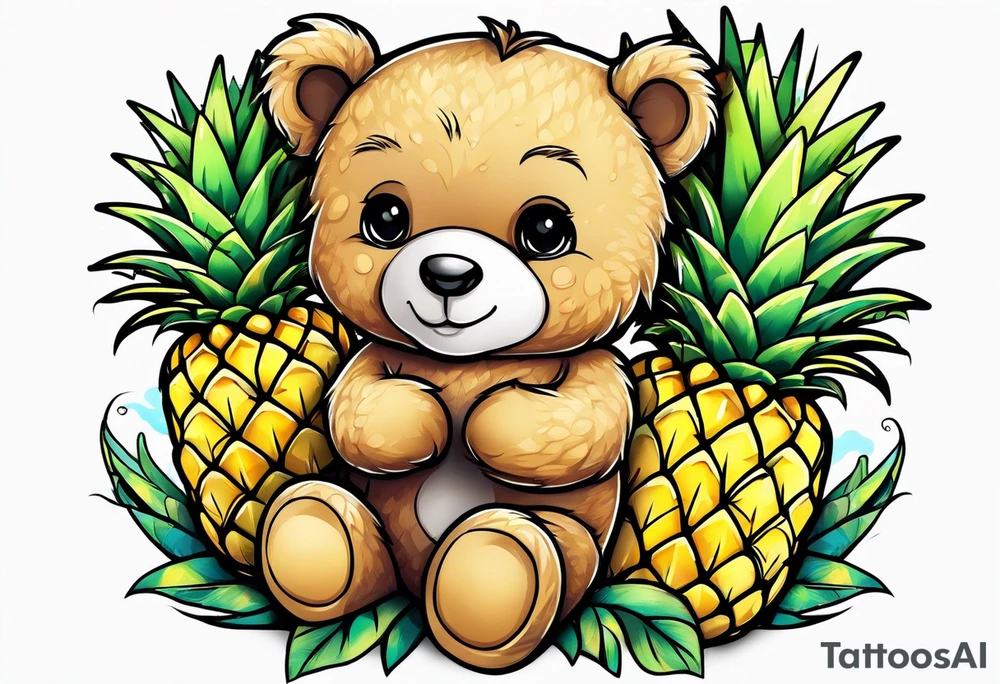 Teddy bear hugging pineapple tattoo idea