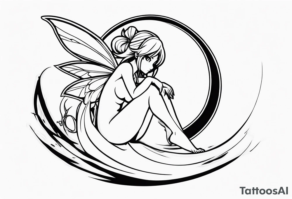 No color fairy with a tail inspired by the guild symbol in the anime show called Fairy Tail in a fetal position leaning in and forward while crawled in tattoo idea