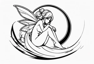 No color fairy with a tail inspired by the guild symbol in the anime show called Fairy Tail in a fetal position leaning in and forward while crawled in tattoo idea