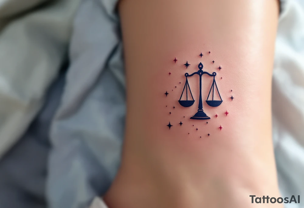 A stylized set of scales rests over a navy Libra star constellation with tiny stars in pastel pink. tattoo idea