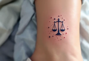 A stylized set of scales rests over a navy Libra star constellation with tiny stars in pastel pink. tattoo idea