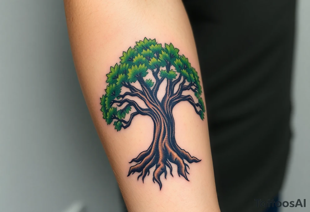 A majestic oak tree with deep brown roots and lush green leaves, symbolizing strength, stability, and family heritage tattoo idea