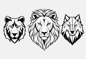 Face of a 1 Lion, 1 eagle, and 1 wolf tattoo idea