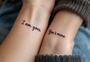 “I am yours” in soft gray on her wrist and “You are mine” in black on his neck symbolize mutual belonging. tattoo idea