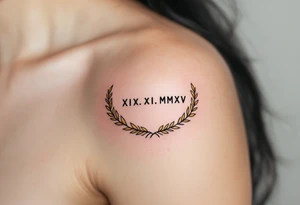 XIX.XI.MMXV in classic black on the upper thigh, encased in a gold laurel wreath symbolizing victory. tattoo idea