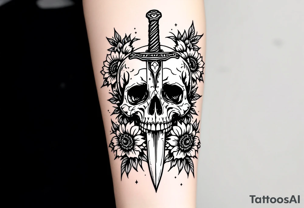 Skull, heart piercing a dagger with roses and sunflowers tattoo idea