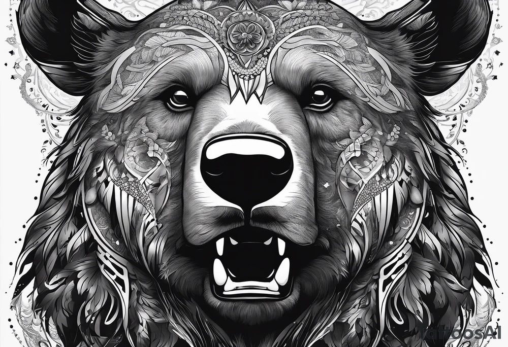 Make me a tattoo of half a bear's face and half a bull's face on one face tattoo idea