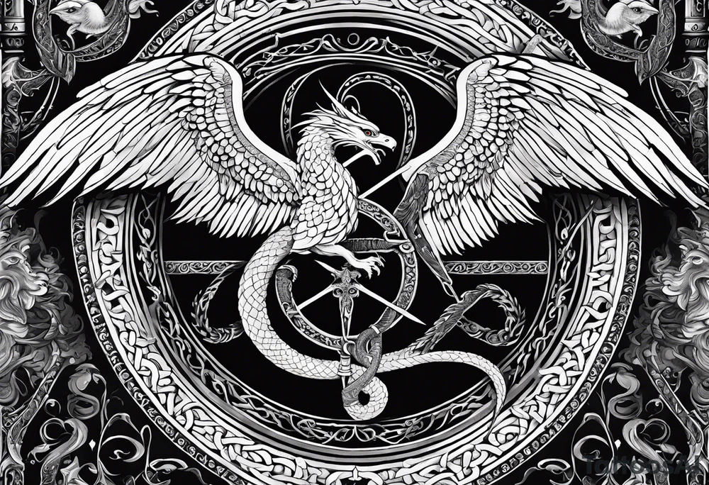 make the theme: Spiritual guardianship and divine authority. 
A majestic, winged serpent coiled around a shield and sword, with the verse inscription woven into the design. tattoo idea