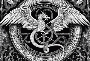 make the theme: Spiritual guardianship and divine authority. 
A majestic, winged serpent coiled around a shield and sword, with the verse inscription woven into the design. tattoo idea