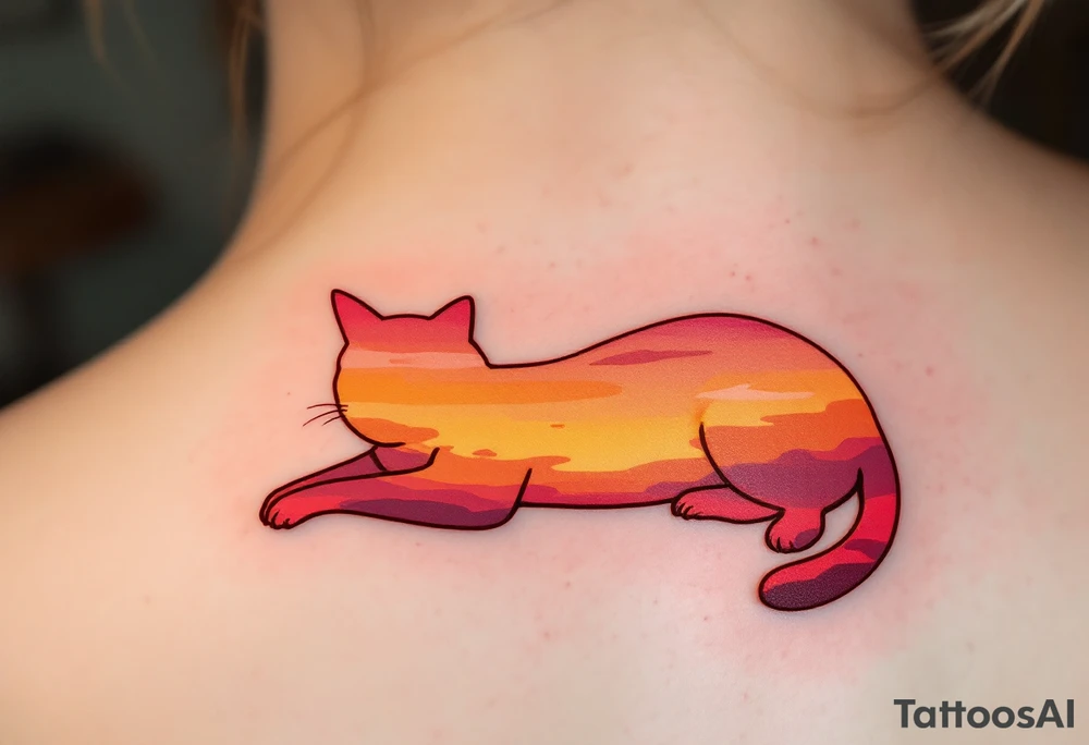 Sunset Cat Silhouette – A lounging cat shape filled with a smooth gradient of orange, coral, and dusky pink like a sunset sky. tattoo idea