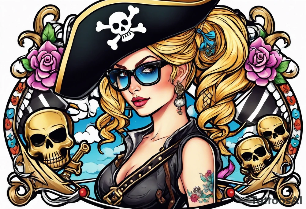 create a pirate flag with a feminine skull with two blonde pigtails and crossbones  wearing glasses tattoo idea