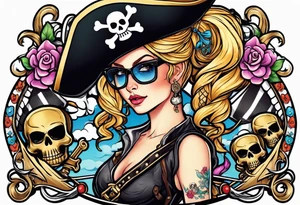 create a pirate flag with a feminine skull with two blonde pigtails and crossbones  wearing glasses tattoo idea