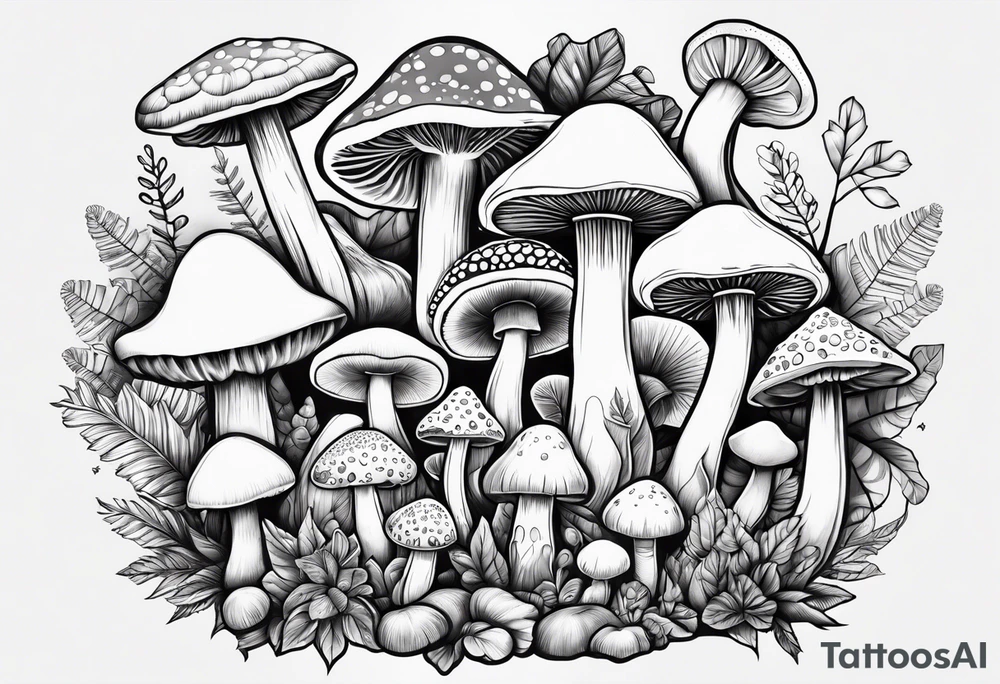 Variety of mushrooms flash sheet tattoo idea