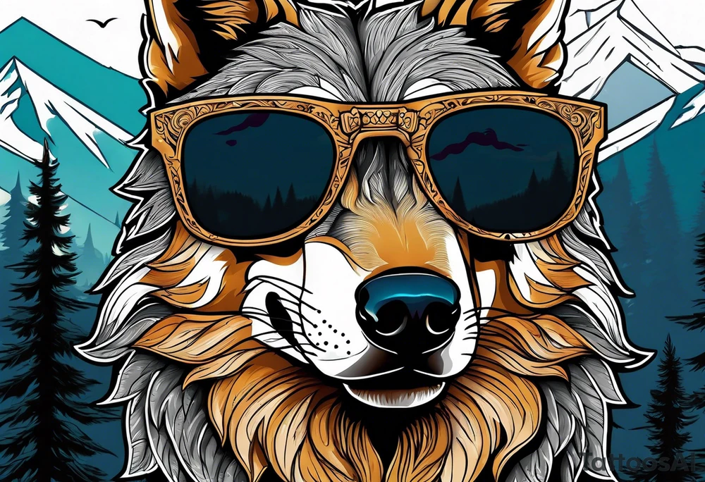 Badass wolf wearing sunglasses
Dark woods
Mountain peaks
Sunset tattoo idea