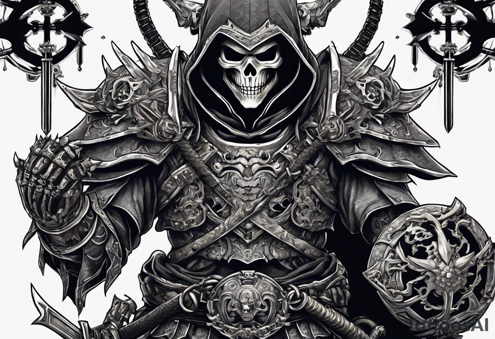 Angry skeleton Modern robot ninja with demon mask with swords in hands fighting dragon tattoo idea