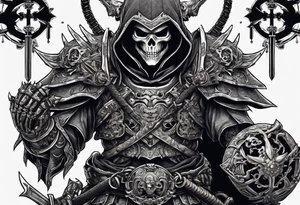 Angry skeleton Modern robot ninja with demon mask with swords in hands fighting dragon tattoo idea