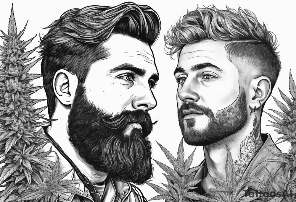 very big short hair 
irish guy with beard and bald skinny german military doctor sitting on a cannabis plant tattoo idea